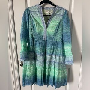 Hale Bob XS Madison Green and Blue Patterned Dress Long Sleeve Lightweight